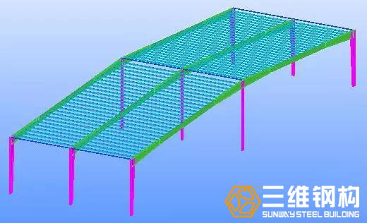 繼續安裝下一榀剛架的鋼柱、連梁、屋架、檁條。